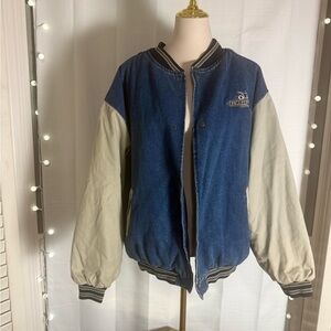 Bombardier Denim Varsity Jacket XL Unisex 90s Style Two-Tone Bomber Coat